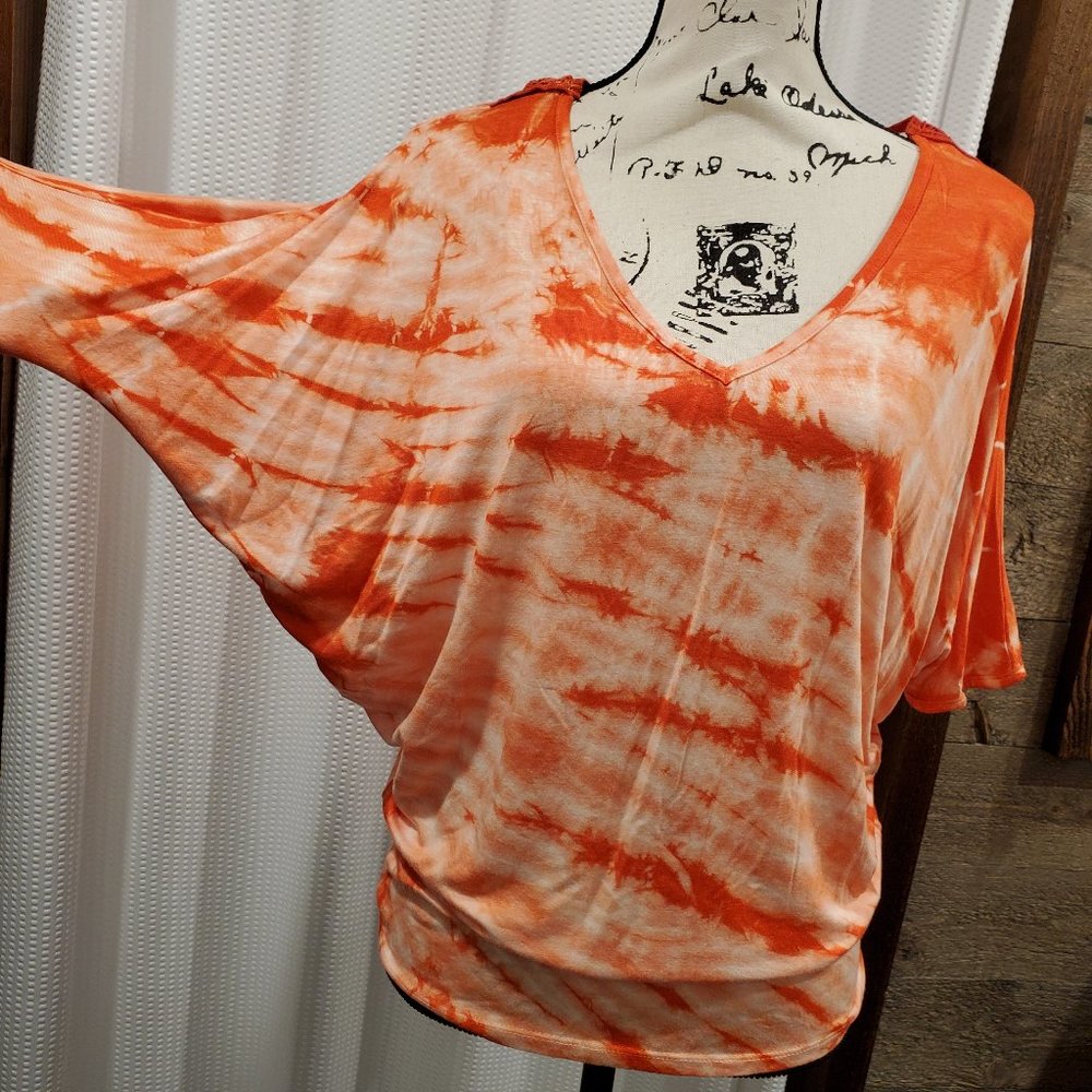 Olivia V-Neck Tie Dye Crochet Top Medium Stretch Soft USA Made Boho Blouse - Picture 7 of 11